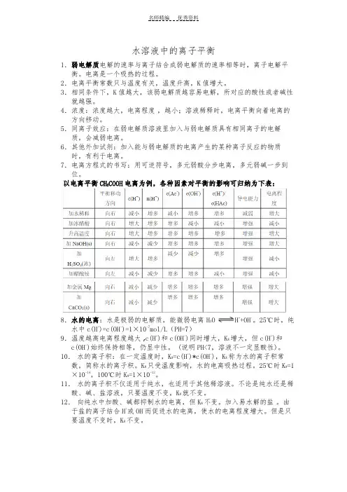 水溶液中的离子平衡知识点总结