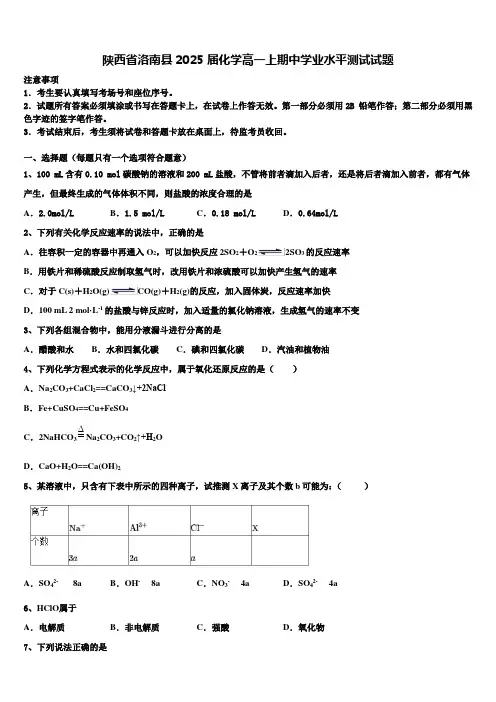 陕西省洛南县2025届化学高一上期中学业水平测试试题含解析