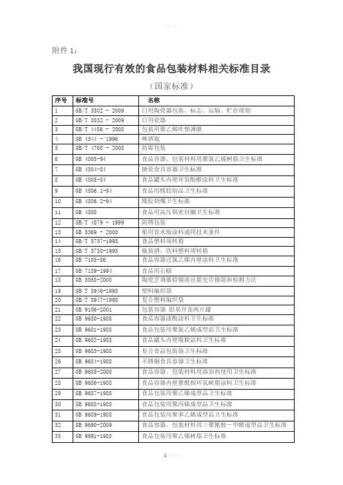 我国现行有效的食品包装材料相关标准目录