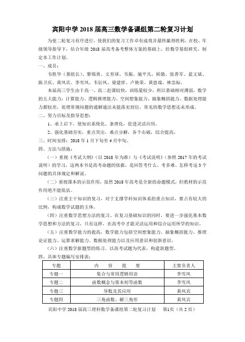 2018届高三数学二轮复习计划