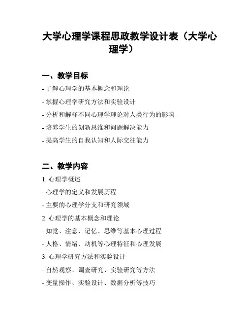 大学心理学课程思政教学设计表(大学心理学)