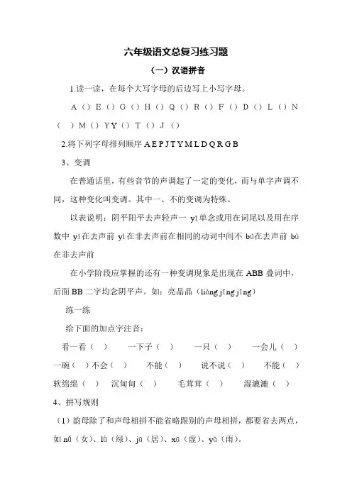 六年级语文下册汉语拼音期末复习练习题