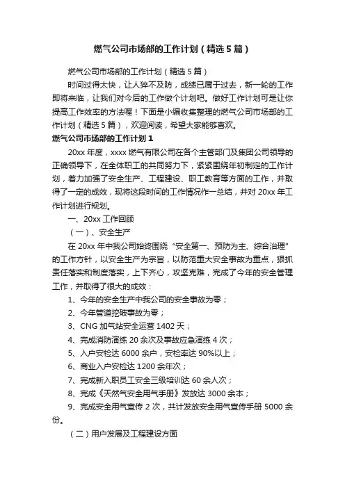 燃气公司市场部的工作计划（精选5篇）