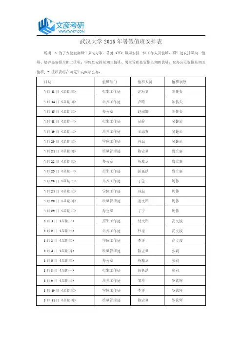 武汉大学2016年暑假值班安排表