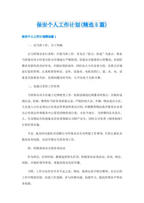 保安个人工作计划(精选5篇)