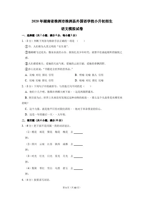 2020年湖南省株洲市株洲县外国语学校小升初招生语文模拟试卷及答案解析