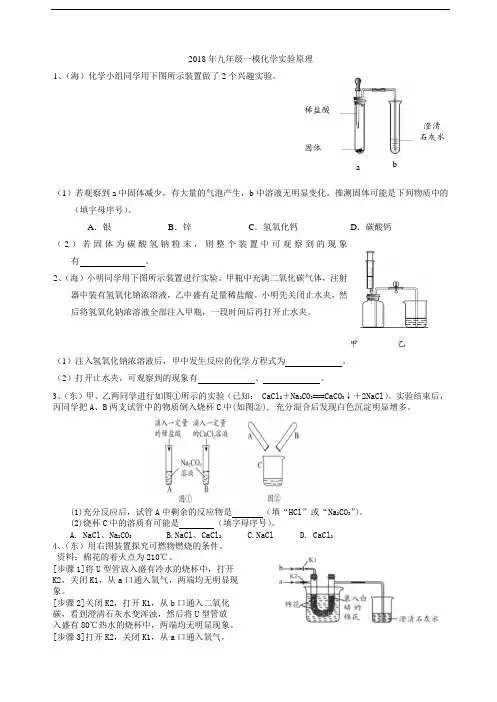 2018年北京各区九年级一模化学实验原理试题及答案(WORD)