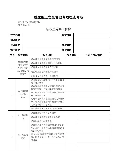 隧道施工安全管理专项检查内容