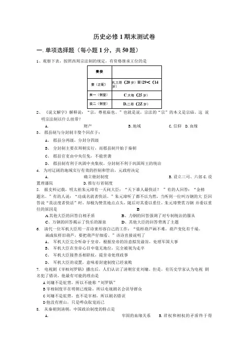 历史必修1期末测试卷.docx