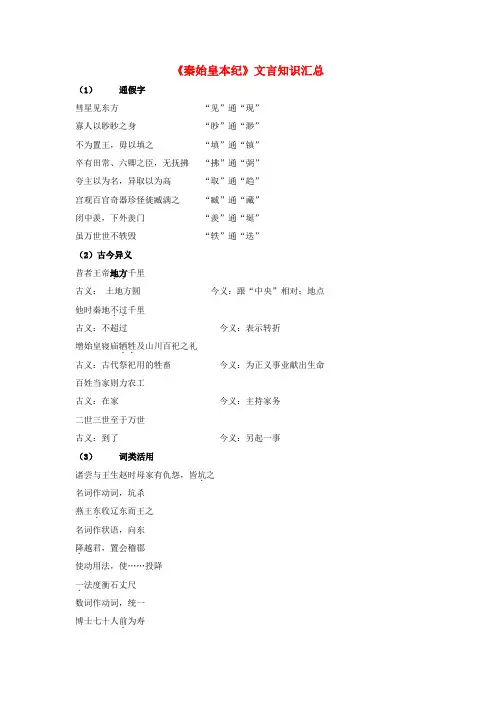 高中语文《秦始皇本纪》文言知识汇总素材苏教版选修《史记选读》