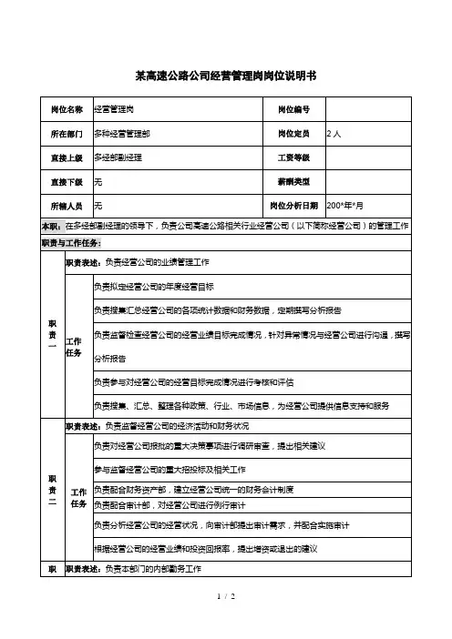 某高速公路公司经营管理岗岗位说明书
