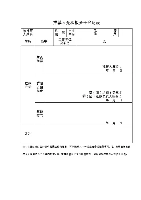 推荐入党积极分子登记表及填写模板