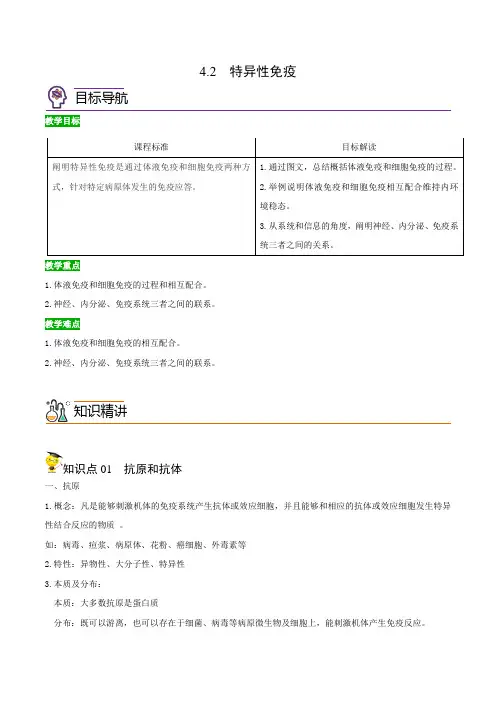 高中生物选择性必修一   4 2 特异性免疫(含答案)(同步精品讲义