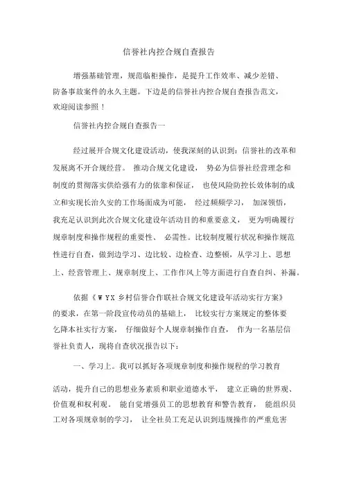信用社内控合规自查报告