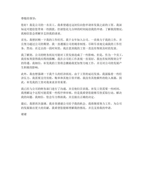 个人要求补发工资申请书