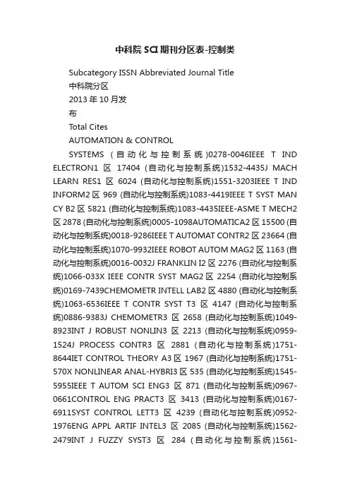 中科院SCI期刊分区表-控制类