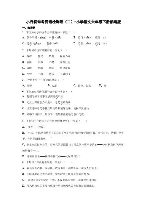 小升初常考易错检测卷(二)-2022-2023学年语文六年级下册(部编版)