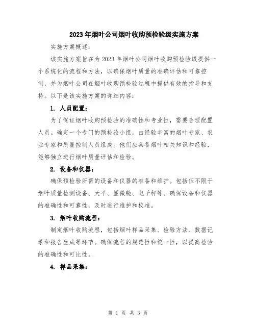 2023年烟叶公司烟叶收购预检验级实施方案