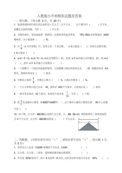 人教版小升初数学毕业试题选及答案