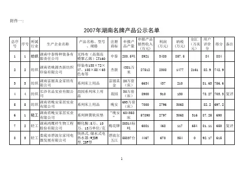 2007年湖南名牌产品公示名单