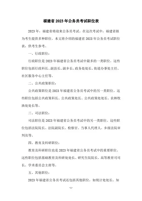 福建省2023年公务员考试职位表