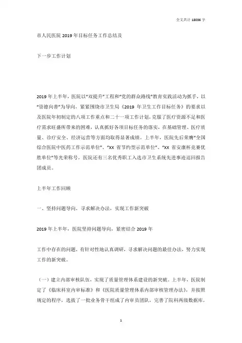 市人民医院2019年上半年工作总结及工作计划