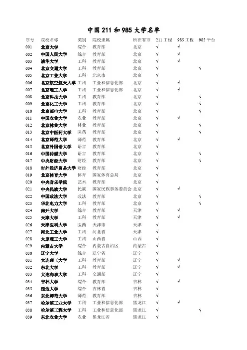 中国211和985大学名单