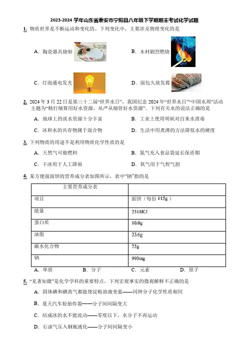 2023-2024学年山东省泰安市宁阳县八年级下学期期末考试化学试题