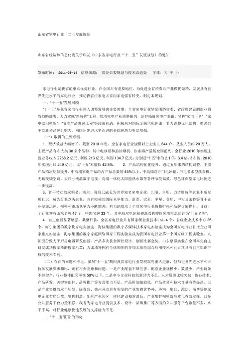 山东省家电行业十二五发展规划