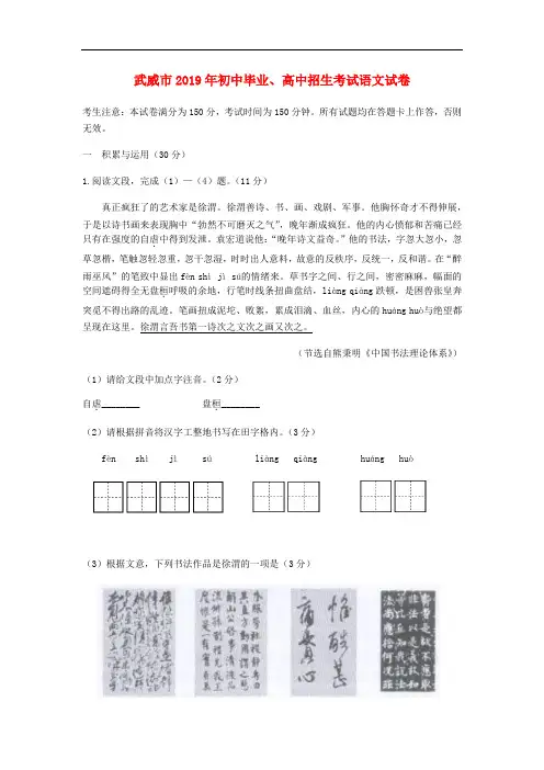 甘肃省武威市2019年中考语文真题试题(含答案)