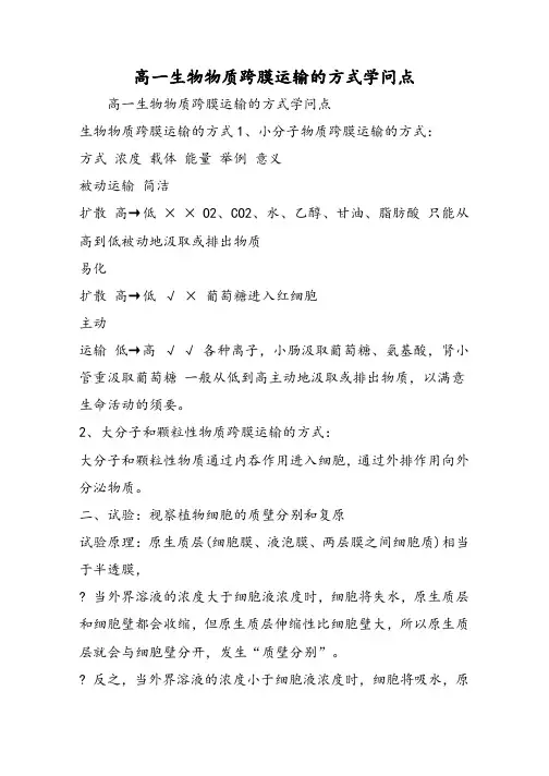 高一生物物质跨膜运输的方式知识点