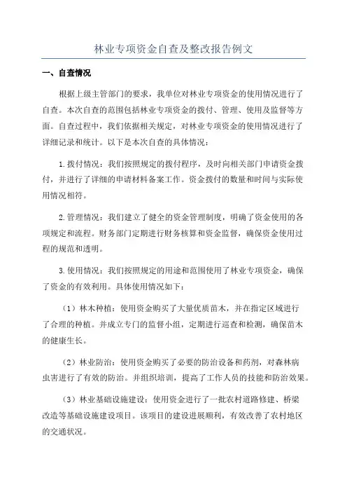 林业专项资金自查及整改报告例文