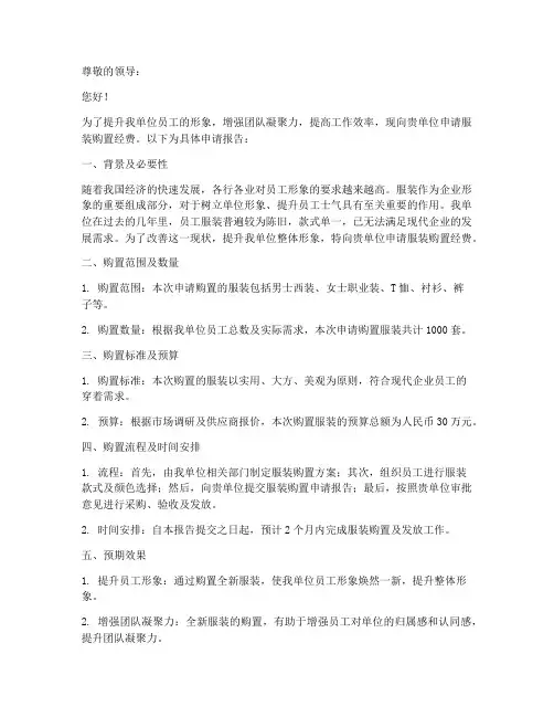 服装购置经费申请报告