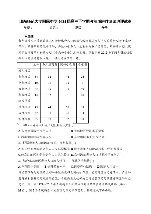 山东师范大学附属中学2024届高三下学期考前适应性测试地理试卷(含答案)