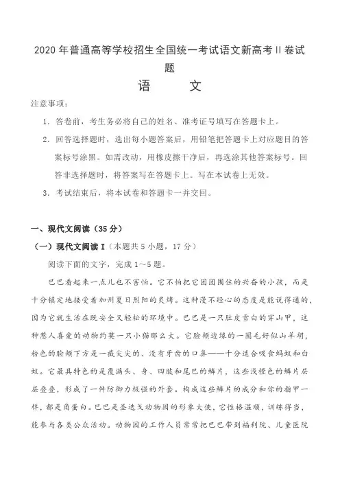 2020年普通高等学校招生全国统一考试语文新高考Ⅱ卷试题
