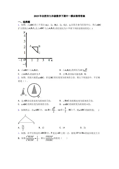 2019年合肥市九年级数学下期中一模试卷带答案