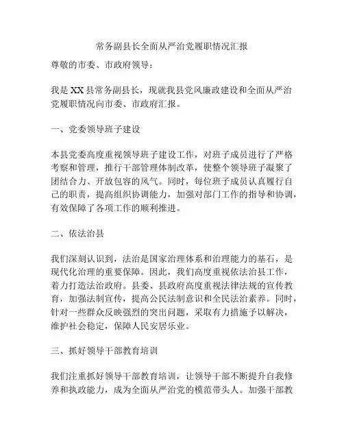 常务副县长全面从严治党履职情况汇报
