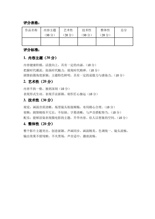实践部分 评分表格和评分标准
