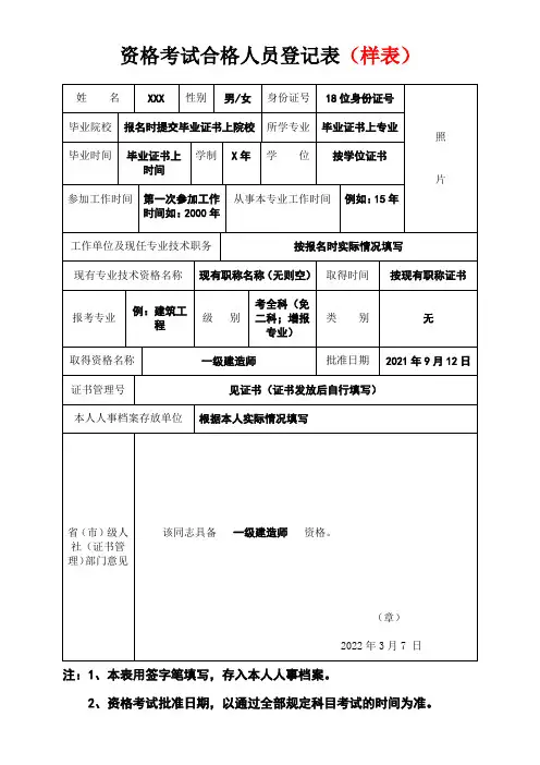 资格考试合格人员登记表(样表)