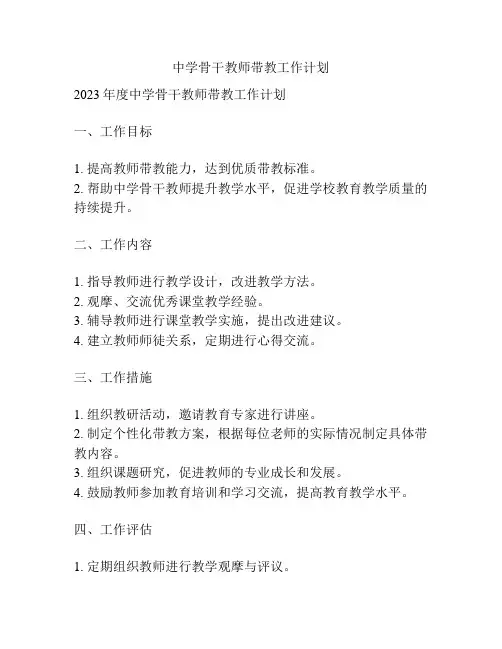 中学骨干教师带教工作计划