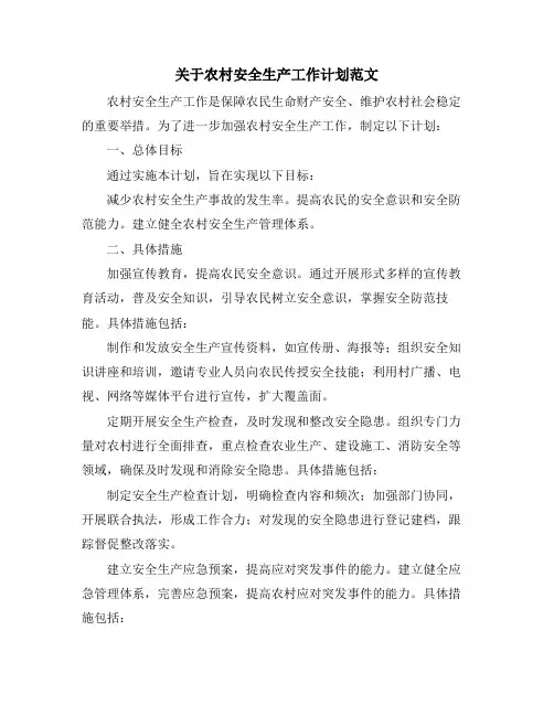 关于农村安全生产工作计划范文