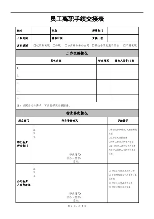 员工离职手续交接表(通用版)