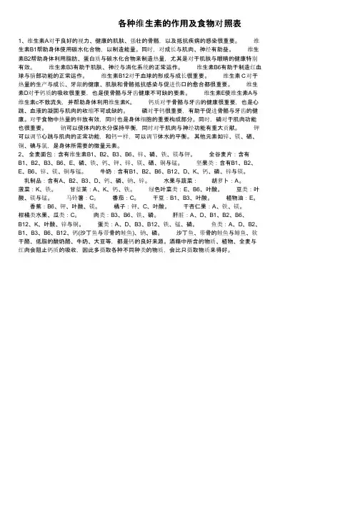 各种维生素的作用及食物对照表