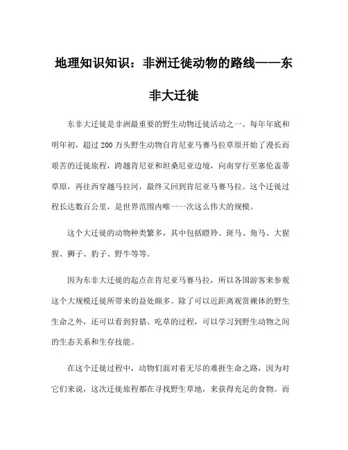 地理知识知识：非洲迁徙动物的路线——东非大迁徙
