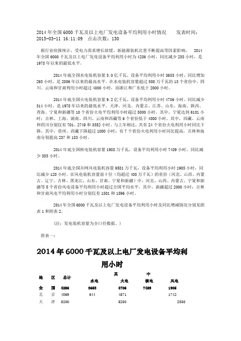 2014年全国6000千瓦及以上电厂发电设备平均利用小时情况