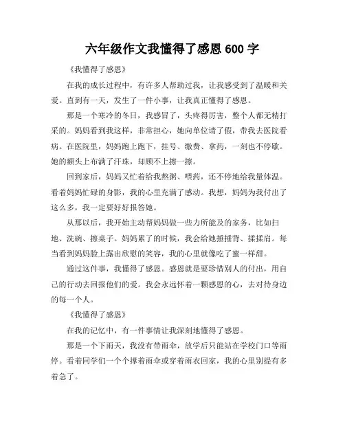 六年级作文我懂得了感恩600字