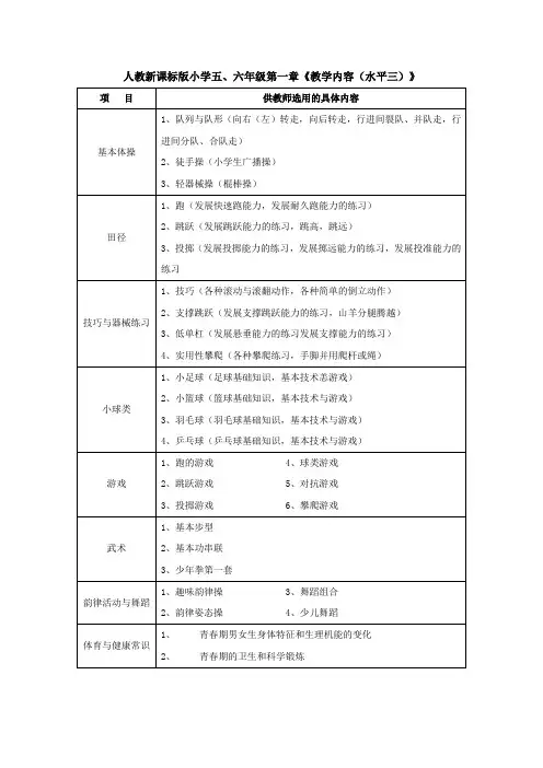 小学体育与健康《教学内容(水平三)》