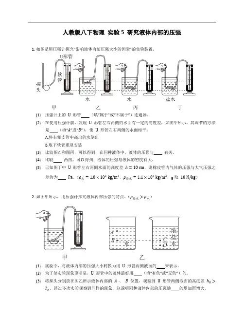 人教版八年级下学期物理 实验5 研究液体内部的压强