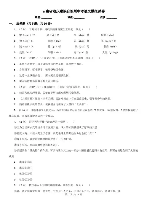 云南省迪庆藏族自治州中考语文模拟试卷