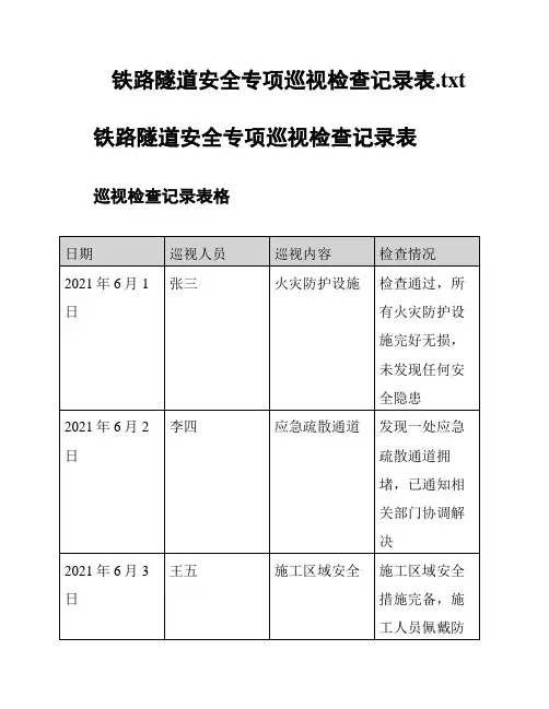 铁路隧道安全专项巡视检查记录表
